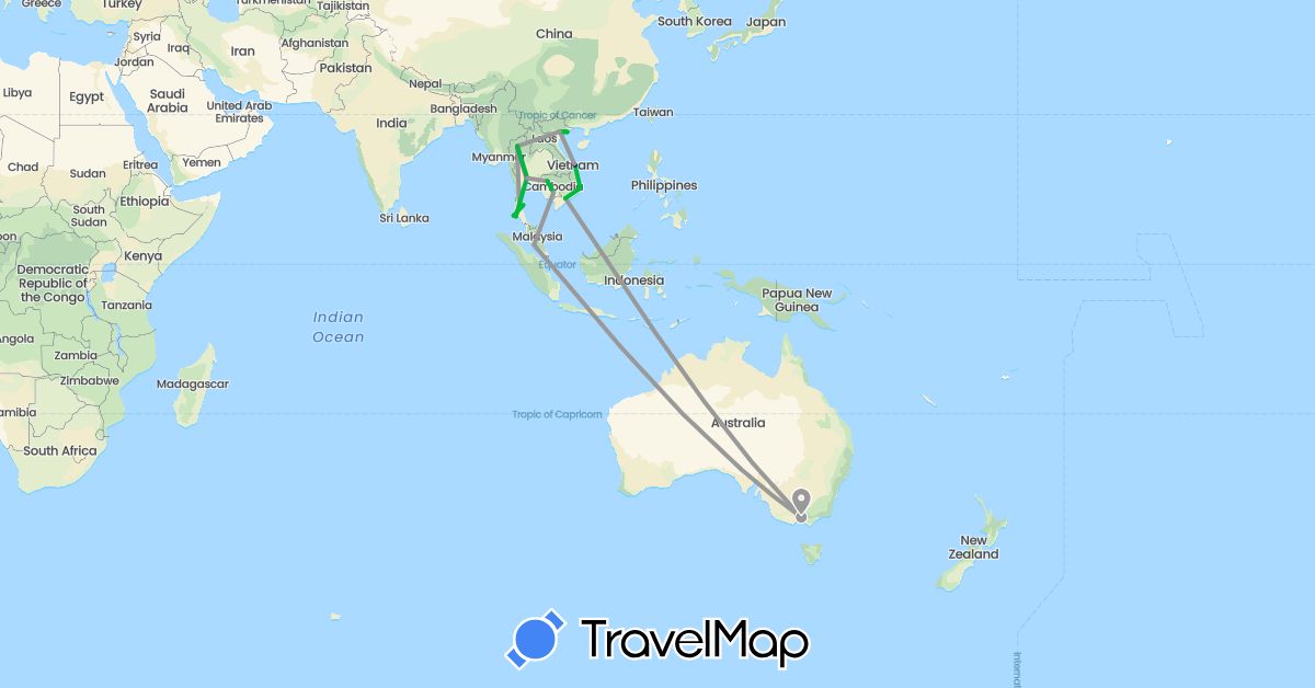 TravelMap itinerary: driving, bus, plane, train in Australia, Cambodia, Malaysia, Thailand, Vietnam (Asia, Oceania)